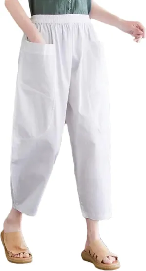 Women Cotton Ankle-Length Casual Pants Vintage Solid Color Loose Female Harem Pants