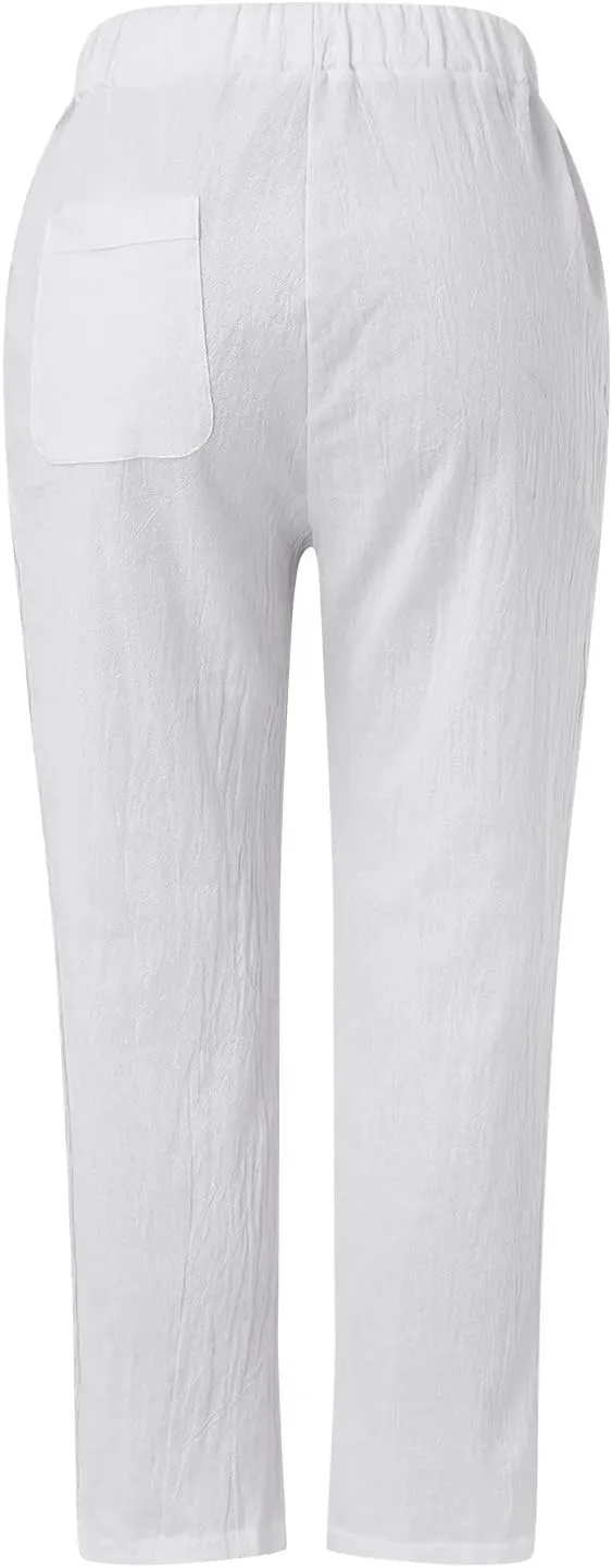 Women Cotton Linen Summer Casual Pant Trousers Elastic Waist Stretchy Straight Slim-Fit Palazzo Pants Beach