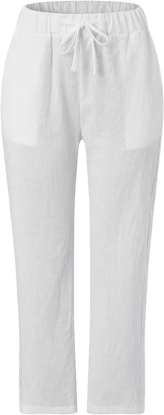 Women Cotton Linen Summer Casual Pant Trousers Elastic Waist Stretchy Straight Slim-Fit Palazzo Pants Beach