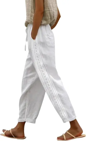Women Cotton Linen Summer Casual Pant Trousers Elastic Waist Stretchy Straight Slim-Fit Palazzo Pants Beach