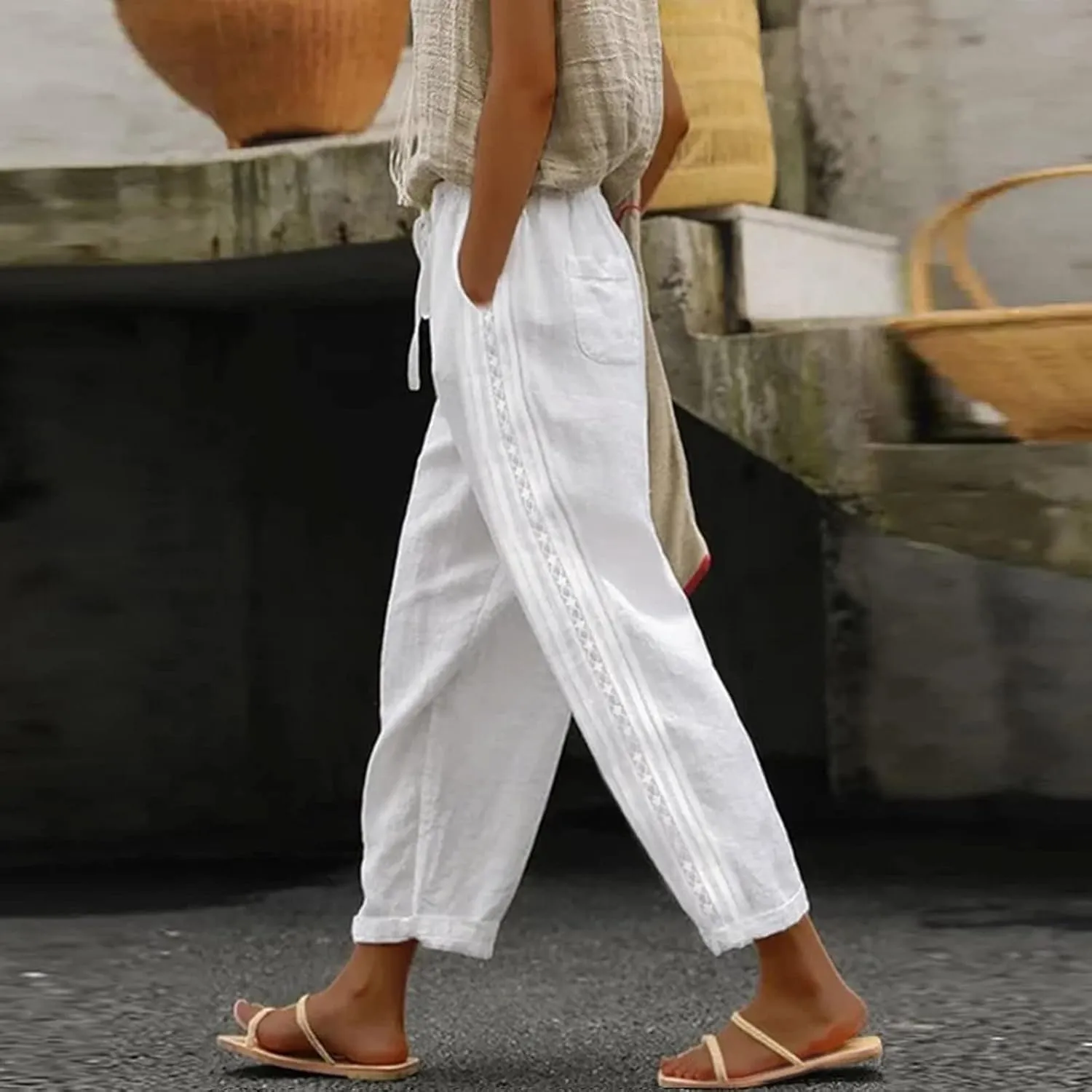 Women Cotton Linen Summer Casual Pant Trousers Elastic Waist Stretchy Straight Slim-Fit Palazzo Pants Beach
