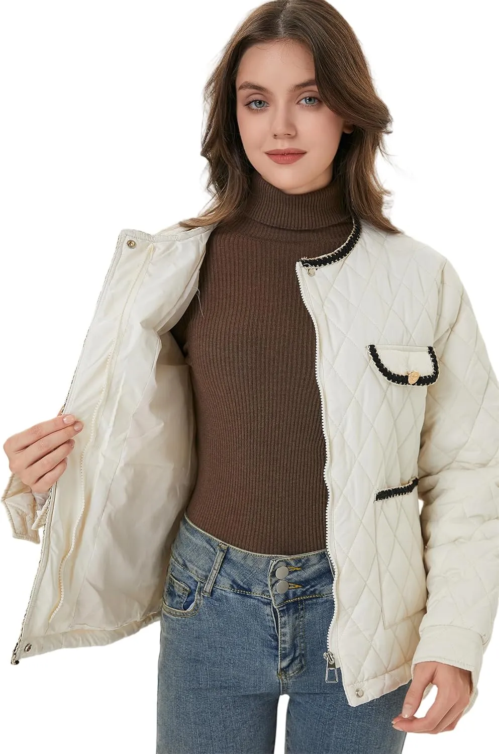 Women Diamond Quilted Lightweight Jacket Puffer Crew Neck Contrast Trim Transitional Coat 2025 Spring Fashion
