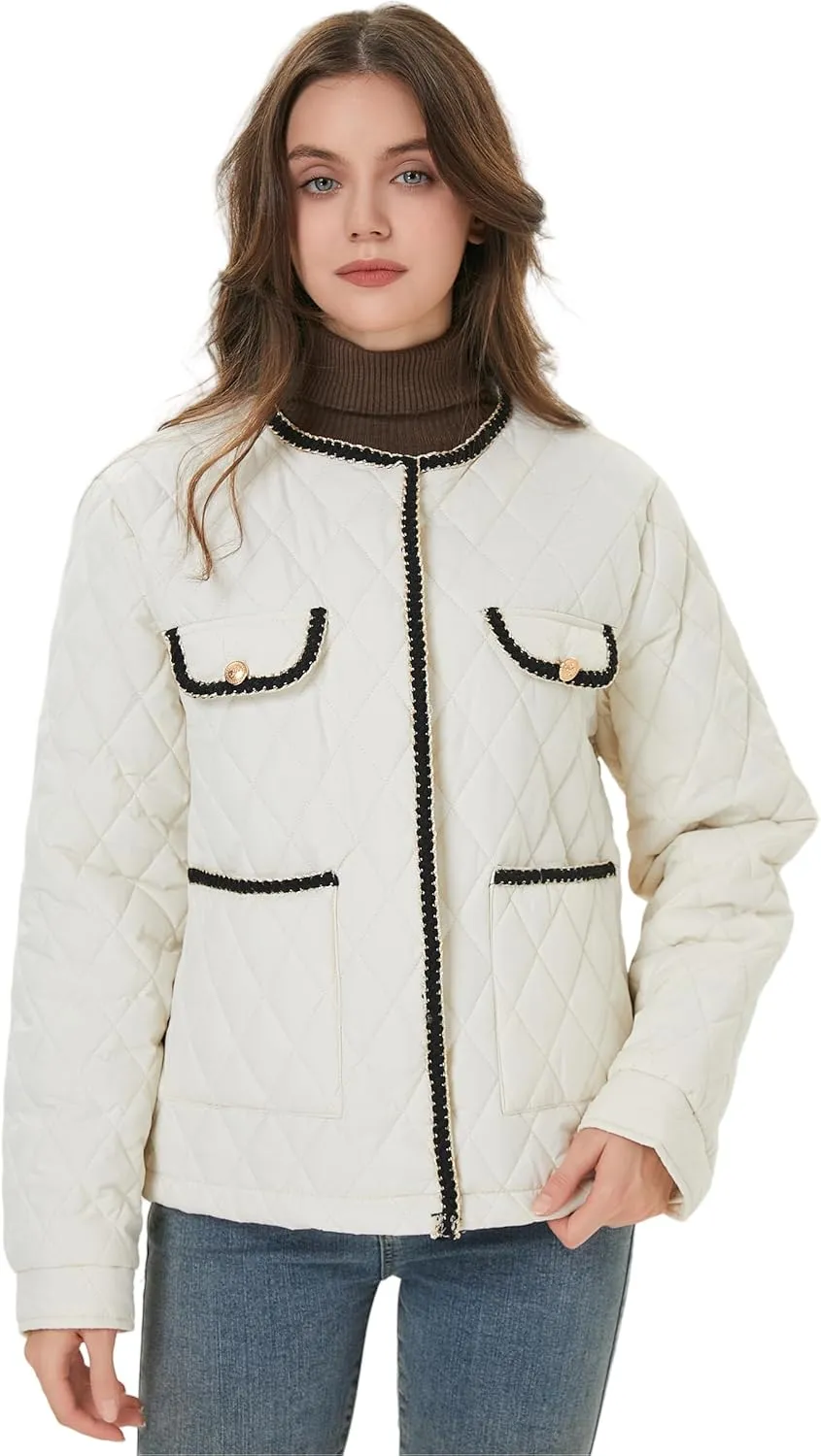 Women Diamond Quilted Lightweight Jacket Puffer Crew Neck Contrast Trim Transitional Coat 2025 Spring Fashion