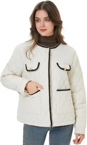 Women Diamond Quilted Lightweight Jacket Puffer Crew Neck Contrast Trim Transitional Coat 2025 Spring Fashion