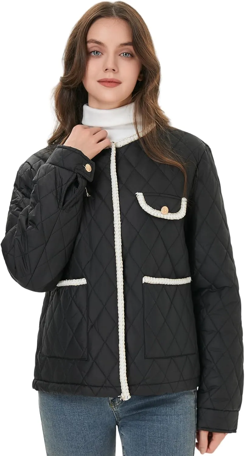Women Diamond Quilted Lightweight Jacket Puffer Crew Neck Contrast Trim Transitional Coat 2025 Spring Fashion