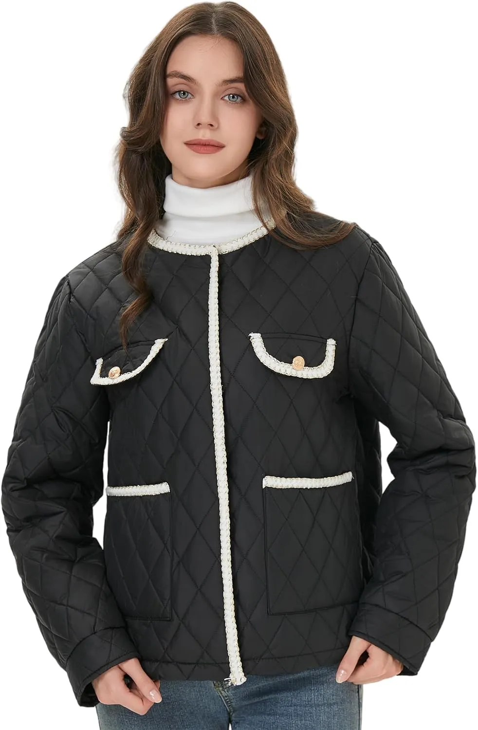 Women Diamond Quilted Lightweight Jacket Puffer Crew Neck Contrast Trim Transitional Coat 2025 Spring Fashion