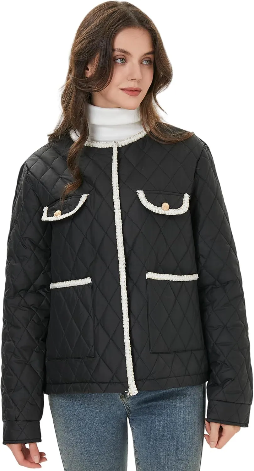 Women Diamond Quilted Lightweight Jacket Puffer Crew Neck Contrast Trim Transitional Coat 2025 Spring Fashion