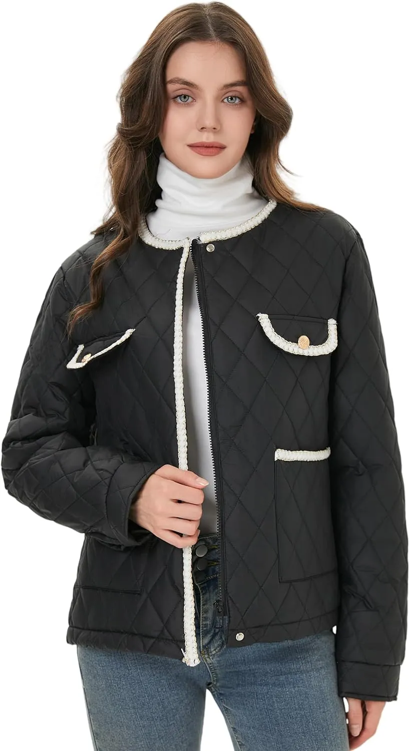 Women Diamond Quilted Lightweight Jacket Puffer Crew Neck Contrast Trim Transitional Coat 2025 Spring Fashion