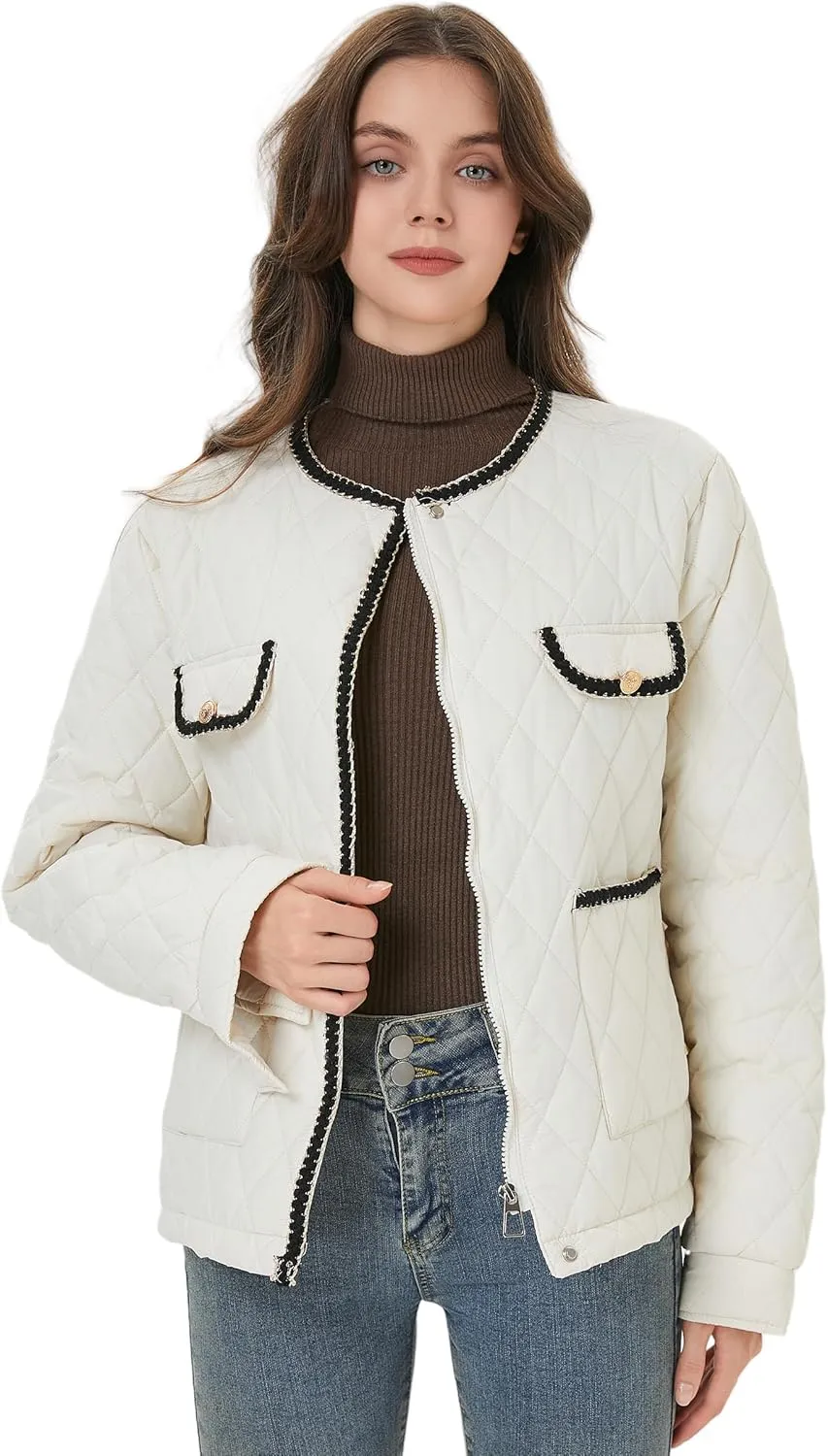 Women Diamond Quilted Lightweight Jacket Puffer Crew Neck Contrast Trim Transitional Coat 2025 Spring Fashion