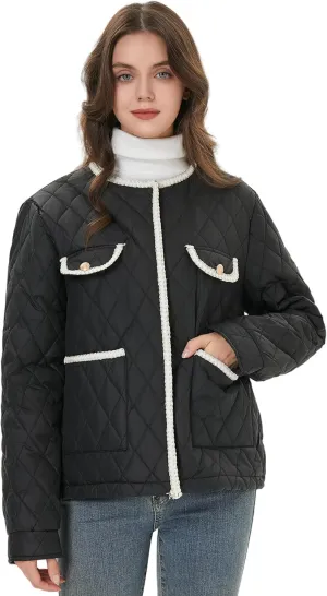 Women Diamond Quilted Lightweight Jacket Puffer Crew Neck Contrast Trim Transitional Coat 2025 Spring Fashion