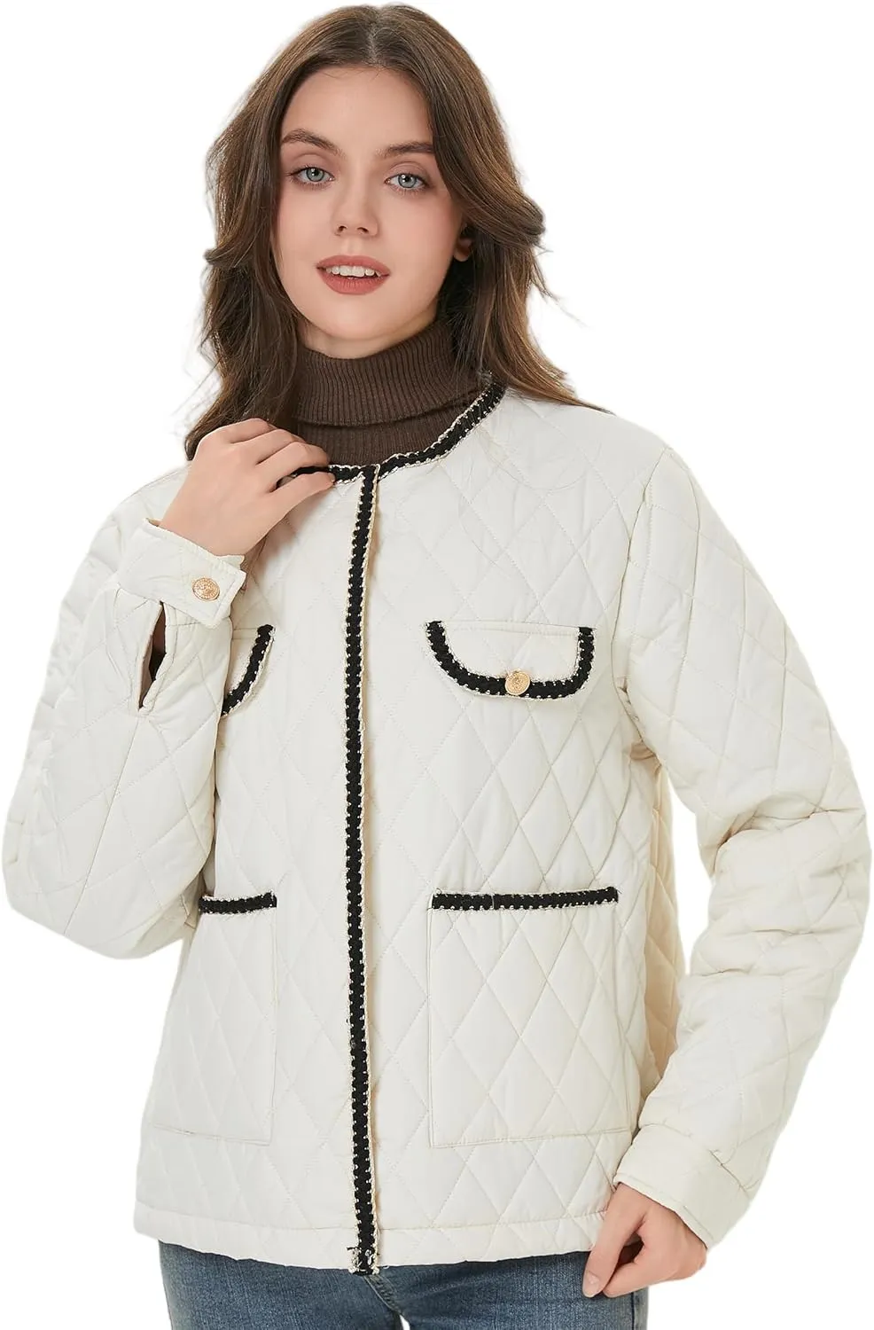 Women Diamond Quilted Lightweight Jacket Puffer Crew Neck Contrast Trim Transitional Coat 2025 Spring Fashion