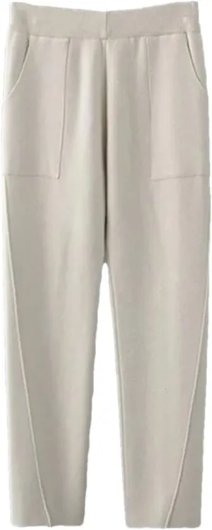 Women Fall Winter Knit Harem Pants High Waist Elastic Casual Solid Ankle Length Trousers with Pockets