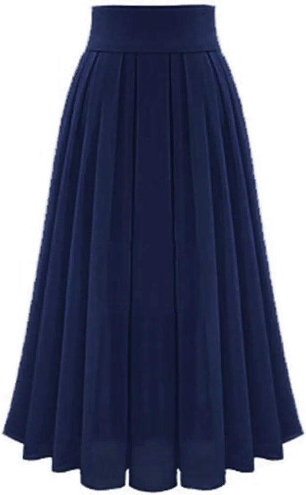 Women High Waisted Flared Skirt Pleated Midi Skirt A-Line Elastic Maxi Skirts Swing Business Work Vintage Flowy Skirt