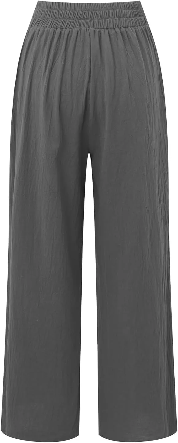 Women Linen Blend Summer Letter Patched Palazzo Pants Elastic Waisted Lounge Pants Slim Fit Trousers Business Work