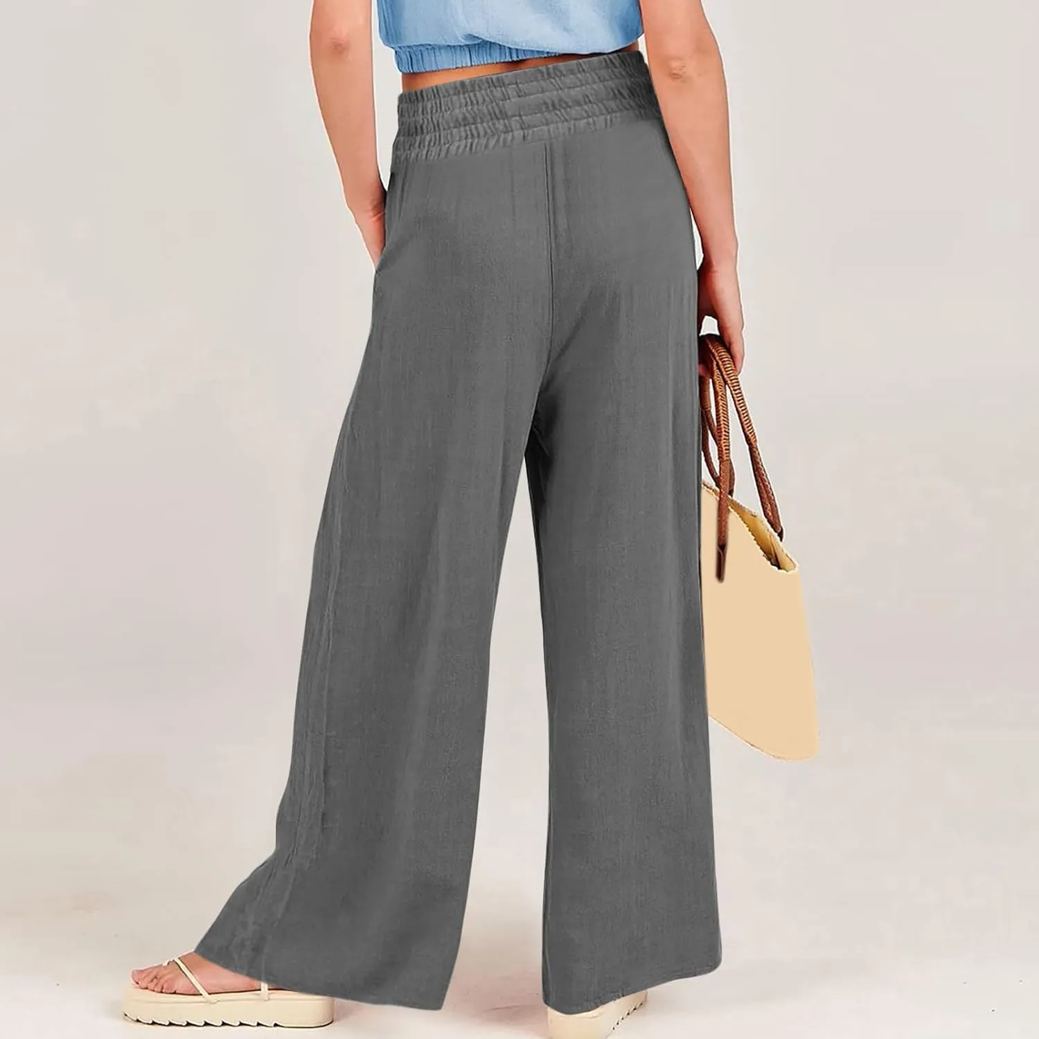 Women Linen Blend Summer Letter Patched Palazzo Pants Elastic Waisted Lounge Pants Slim Fit Trousers Business Work