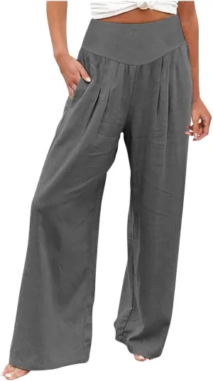 Women Linen Blend Summer Letter Patched Palazzo Pants Elastic Waisted Lounge Pants Slim Fit Trousers Business Work