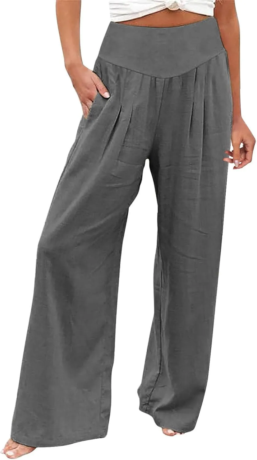 Women Linen Blend Summer Letter Patched Palazzo Pants Elastic Waisted Lounge Pants Slim Fit Trousers Business Work