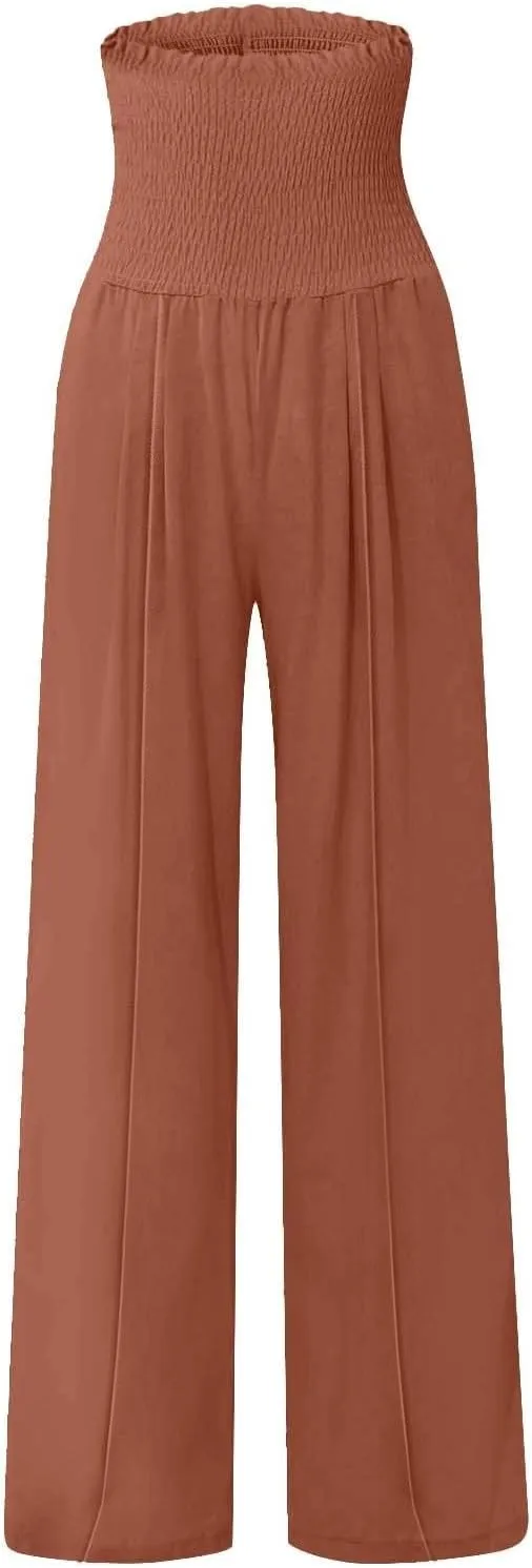 Women Linen Blend Summer Loose Flowy Palazzo Lounge Pants Elastic Waisted Wide Leg Plus Size Trousers Trendy