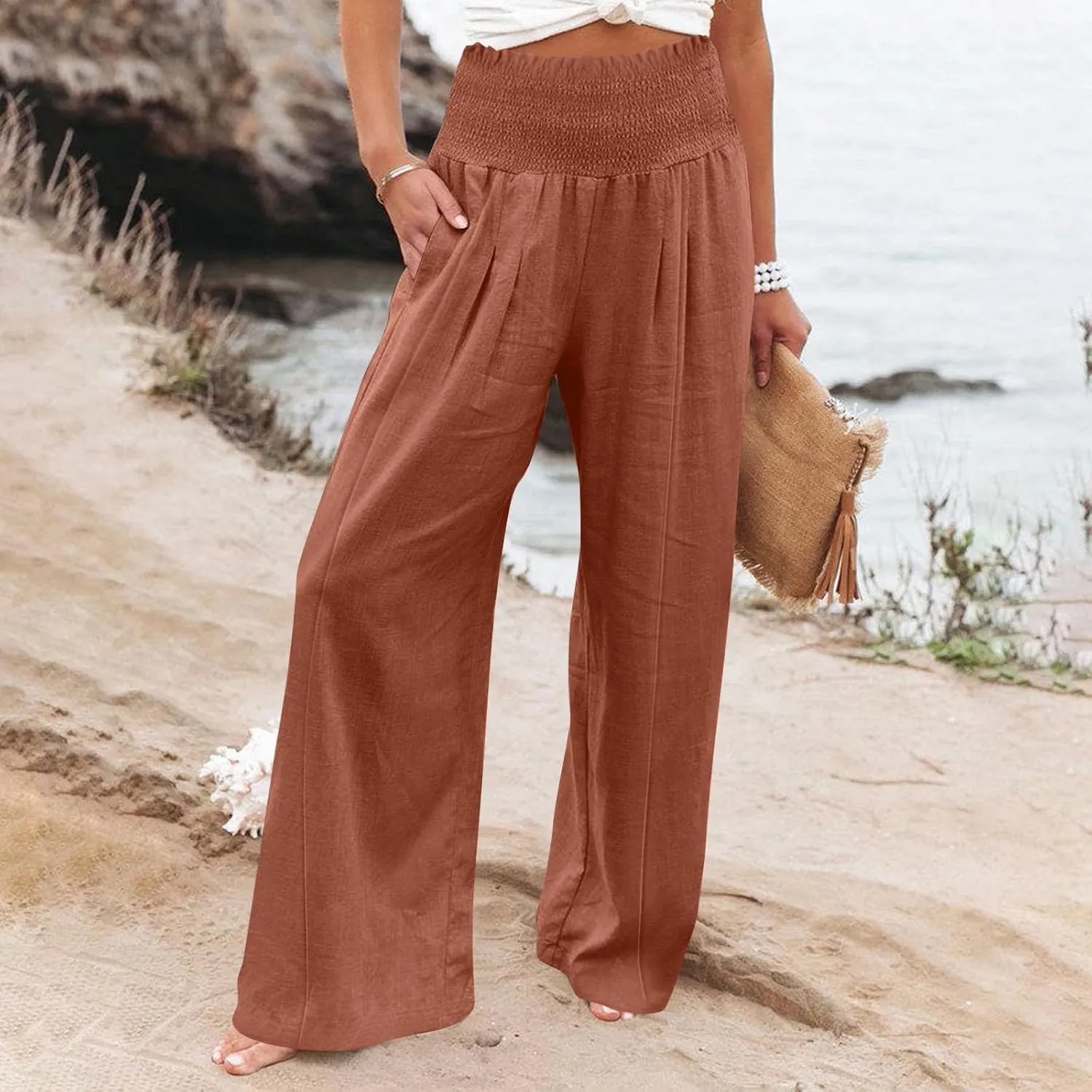 Women Linen Blend Summer Loose Flowy Palazzo Lounge Pants Elastic Waisted Wide Leg Plus Size Trousers Trendy