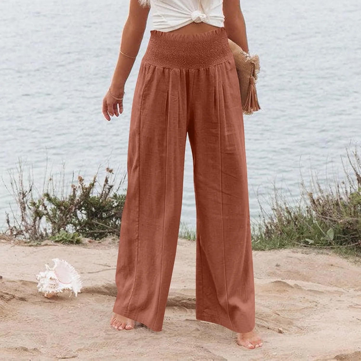 Women Linen Blend Summer Loose Flowy Palazzo Lounge Pants Elastic Waisted Wide Leg Plus Size Trousers Trendy
