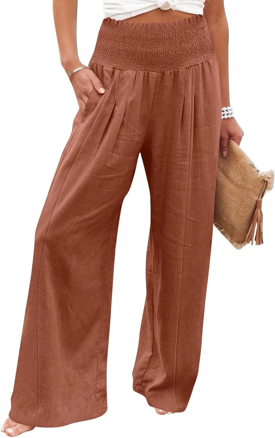 Women Linen Blend Summer Loose Flowy Palazzo Lounge Pants Elastic Waisted Wide Leg Plus Size Trousers Trendy