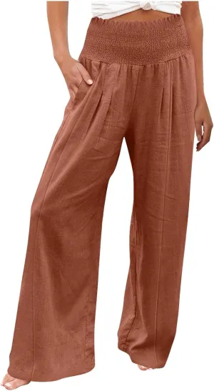 Women Linen Blend Summer Loose Flowy Palazzo Lounge Pants Elastic Waisted Wide Leg Plus Size Trousers Trendy