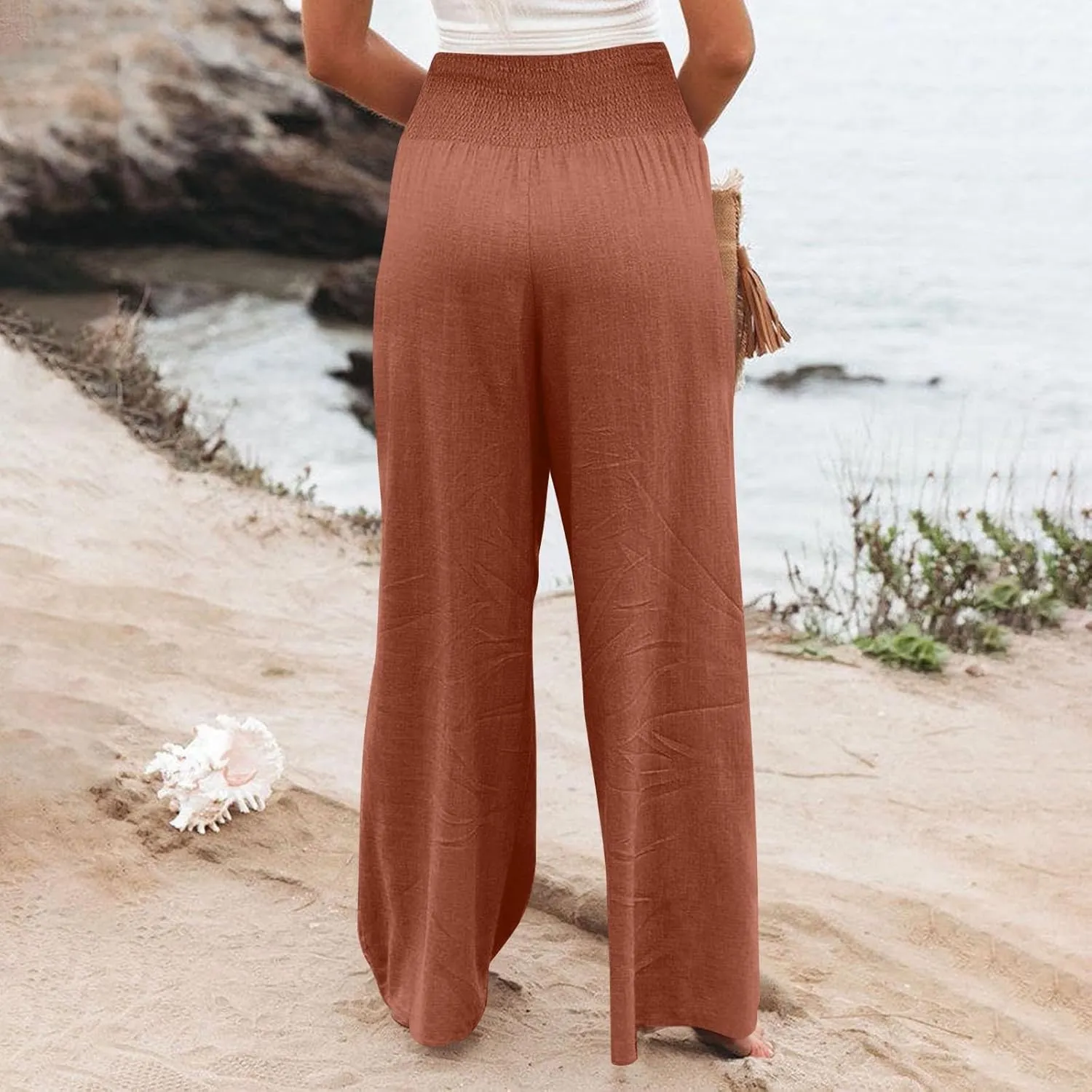 Women Linen Blend Summer Loose Flowy Palazzo Lounge Pants Elastic Waisted Wide Leg Plus Size Trousers Trendy