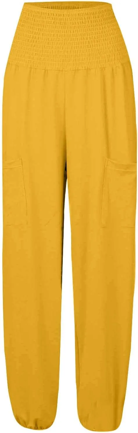 Women Linen Blend Summer Loose Pants Low Waist Baggy Stretchy Slim Fit Pant Trousers Business Work