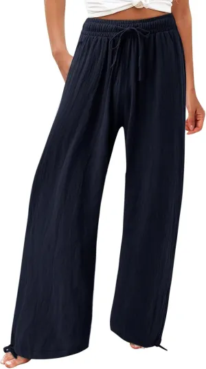 Women Linen Palazzo Pants Summer Boho Beach Yoga Pant Wide Leg Drawstring High Waist Lounge Trousers with Pockets
