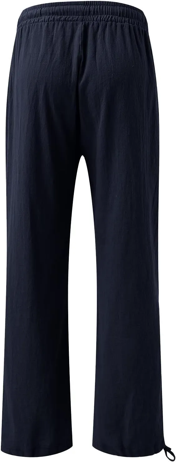 Women Linen Palazzo Pants Summer Boho Beach Yoga Pant Wide Leg Drawstring High Waist Lounge Trousers with Pockets