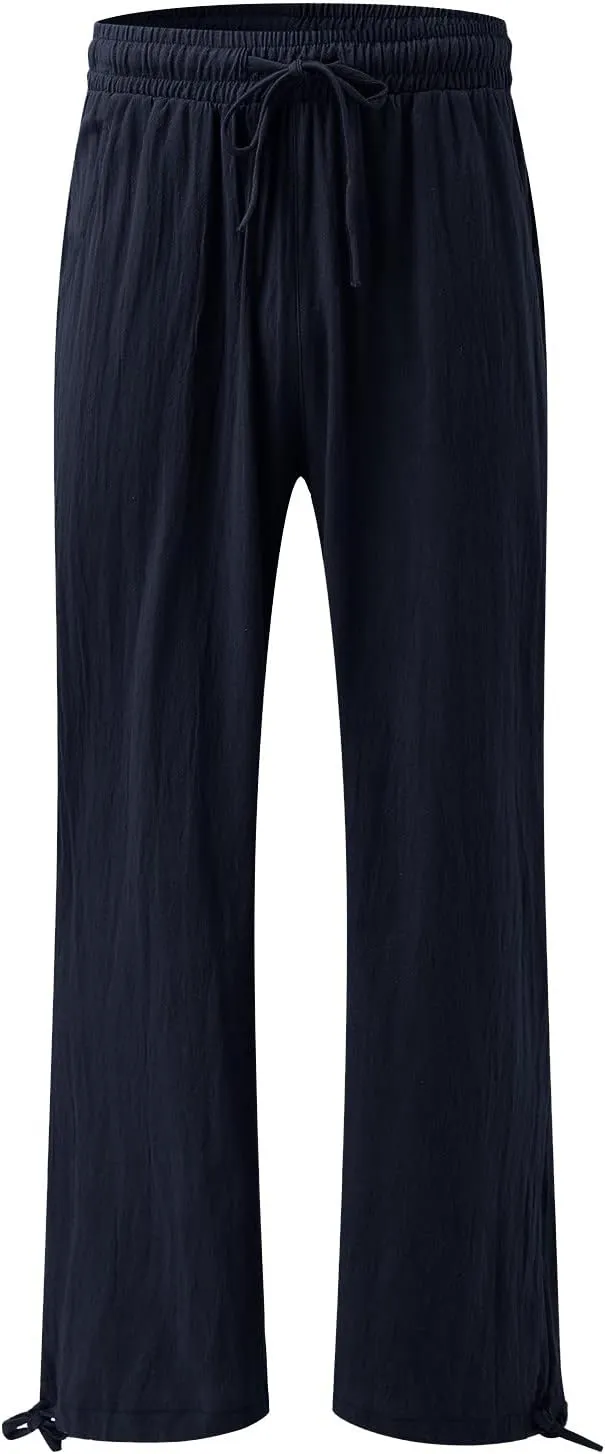 Women Linen Palazzo Pants Summer Boho Beach Yoga Pant Wide Leg Drawstring High Waist Lounge Trousers with Pockets
