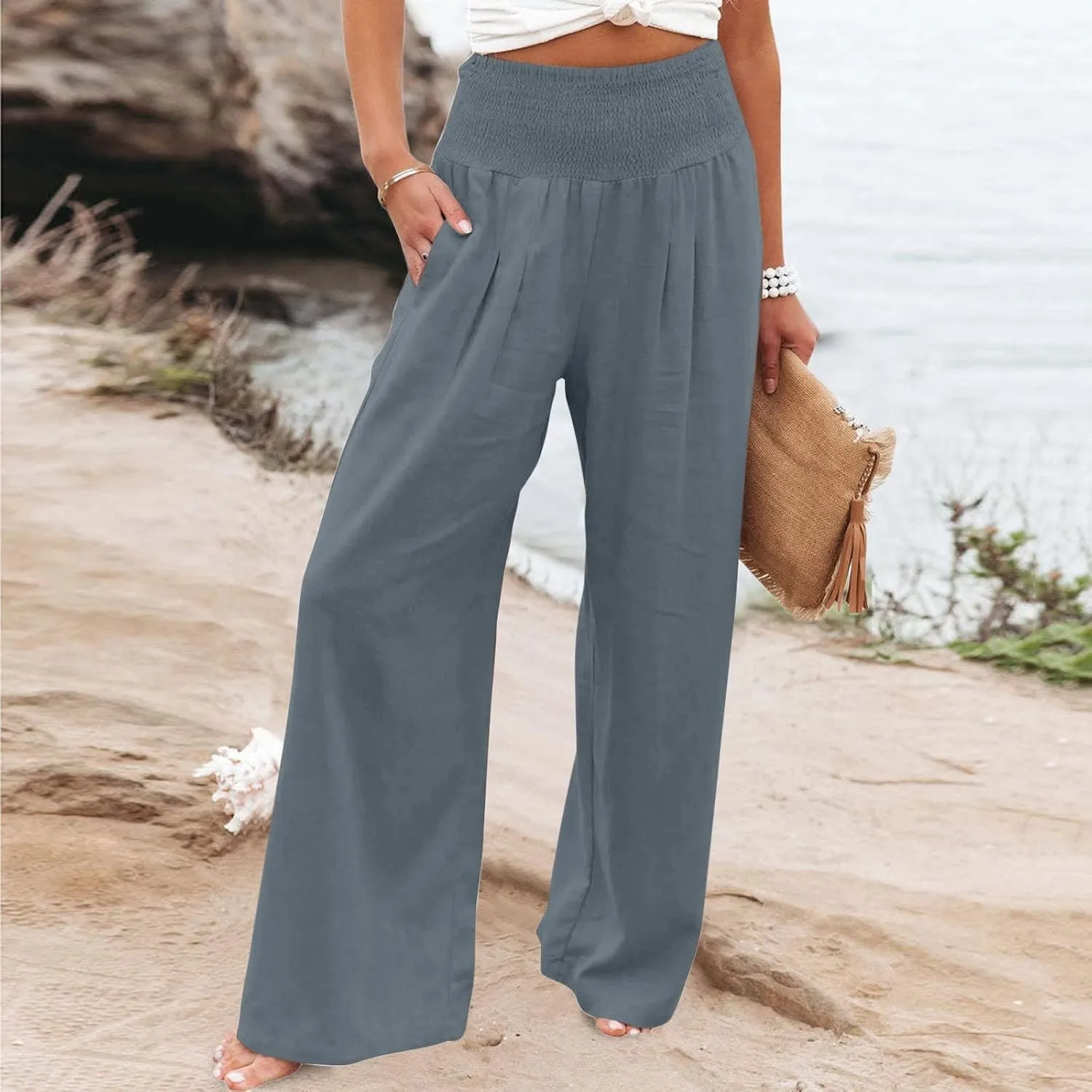 Women Linen Palazzo Pants Summer Boho Wide Leg High Waist Casual Lounge Pant 2024 Beach Travel Vacation Outfits