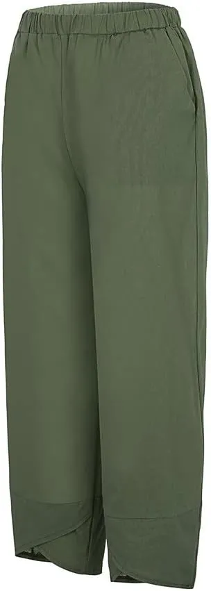 Women Plus Size Cotton Linen Pants Casual Loose Petal Bottom Wide Leg Pant Summer Beach Elastic High Waist Trousers