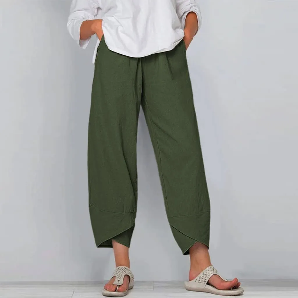 Women Plus Size Cotton Linen Pants Casual Loose Petal Bottom Wide Leg Pant Summer Beach Elastic High Waist Trousers