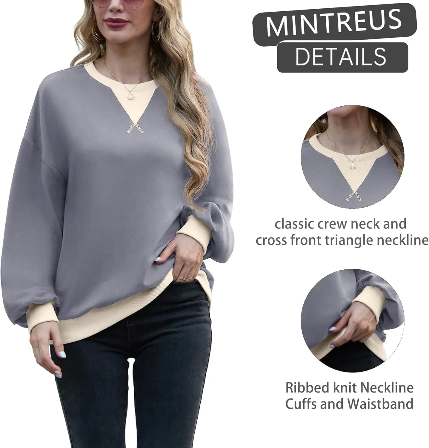 Women Sweatshirt Striped Crew Neck Oversized Long Sleeve Sweatshirt Color Block Loose Pullover