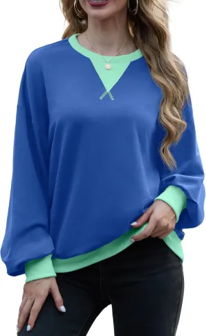 Women Sweatshirt Striped Crew Neck Oversized Long Sleeve Sweatshirt Color Block Loose Pullover