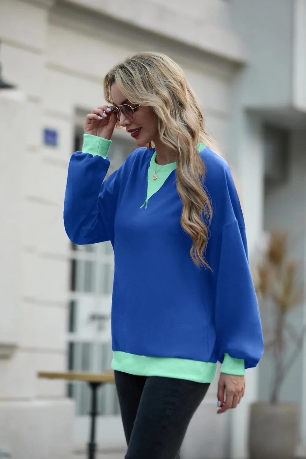 Women Sweatshirt Striped Crew Neck Oversized Long Sleeve Sweatshirt Color Block Loose Pullover