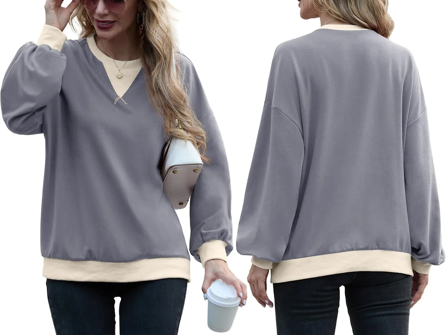 Women Sweatshirt Striped Crew Neck Oversized Long Sleeve Sweatshirt Color Block Loose Pullover