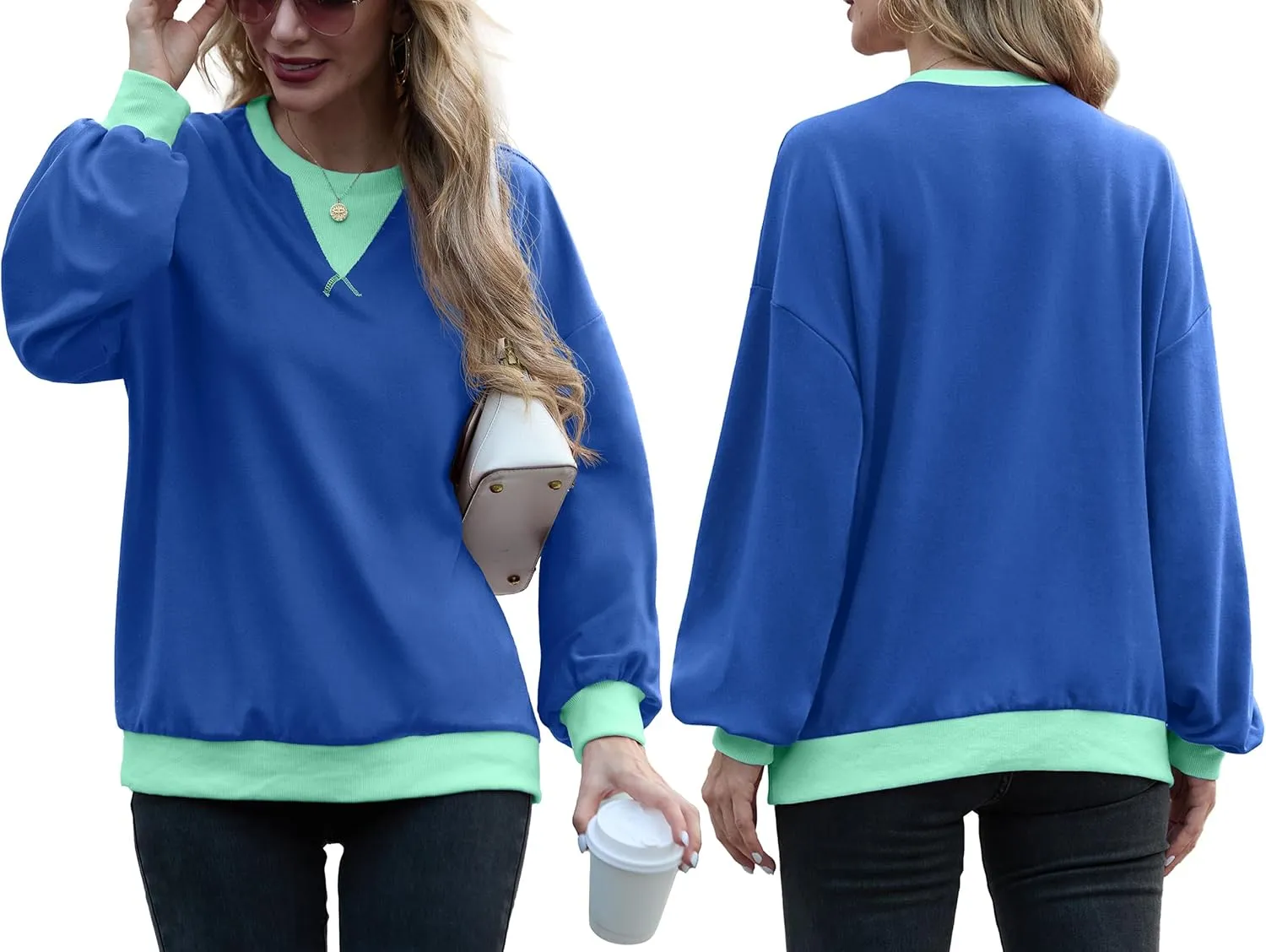 Women Sweatshirt Striped Crew Neck Oversized Long Sleeve Sweatshirt Color Block Loose Pullover