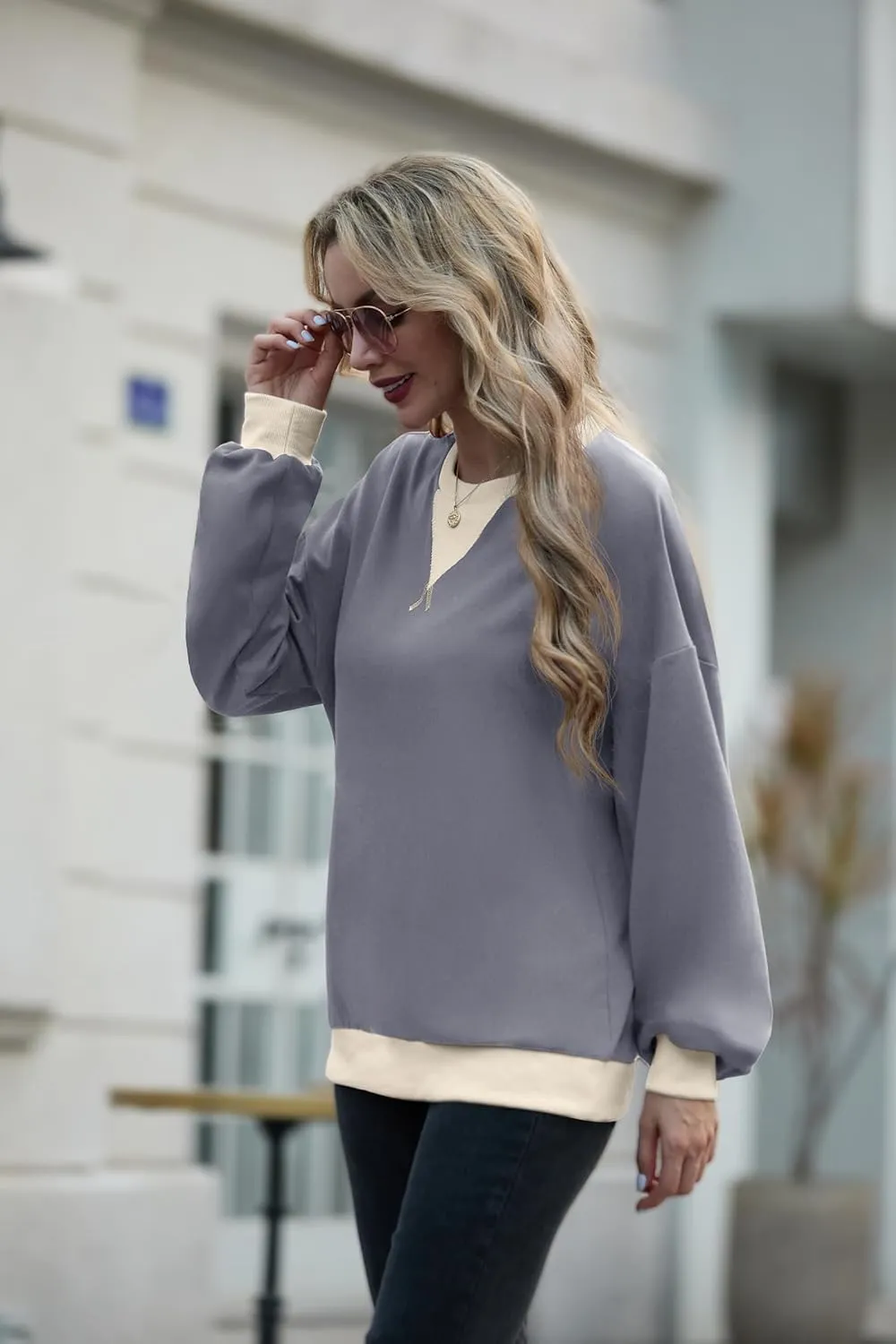 Women Sweatshirt Striped Crew Neck Oversized Long Sleeve Sweatshirt Color Block Loose Pullover
