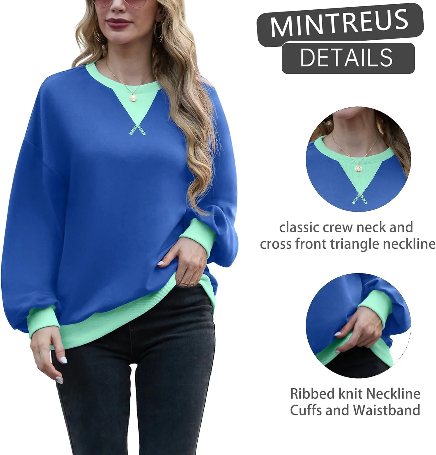 Women Sweatshirt Striped Crew Neck Oversized Long Sleeve Sweatshirt Color Block Loose Pullover