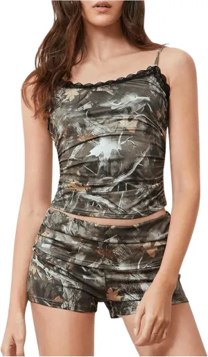 Women's 2 Piece Camo Print Outfits Lace Ruched Cropped Camisole Tops and Mini Shorts Summer Set