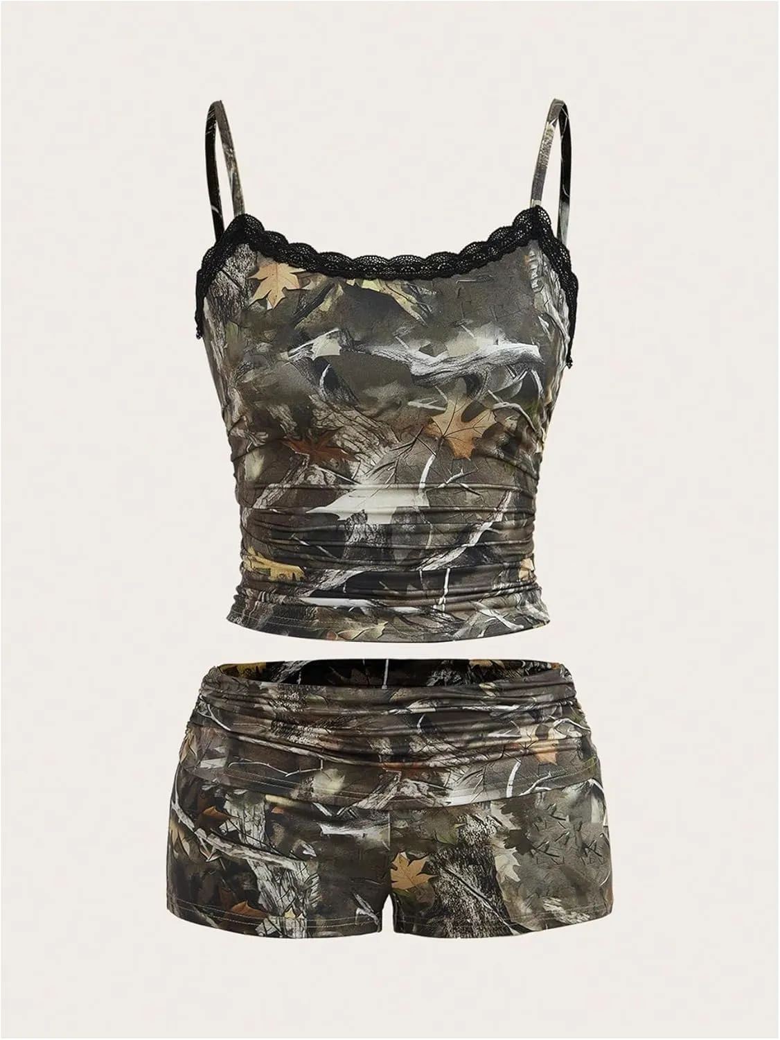 Women's 2 Piece Camo Print Outfits Lace Ruched Cropped Camisole Tops and Mini Shorts Summer Set