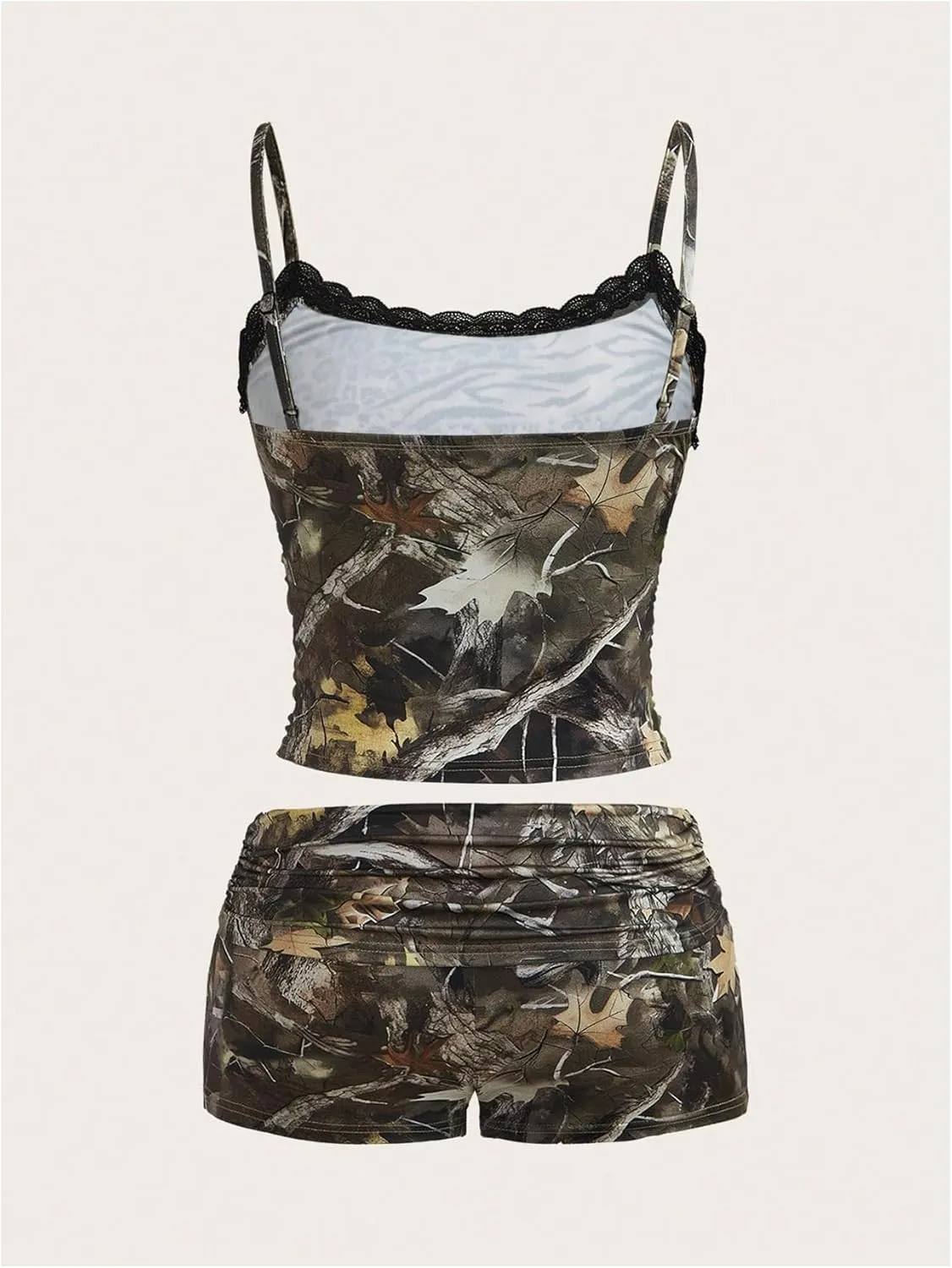 Women's 2 Piece Camo Print Outfits Lace Ruched Cropped Camisole Tops and Mini Shorts Summer Set