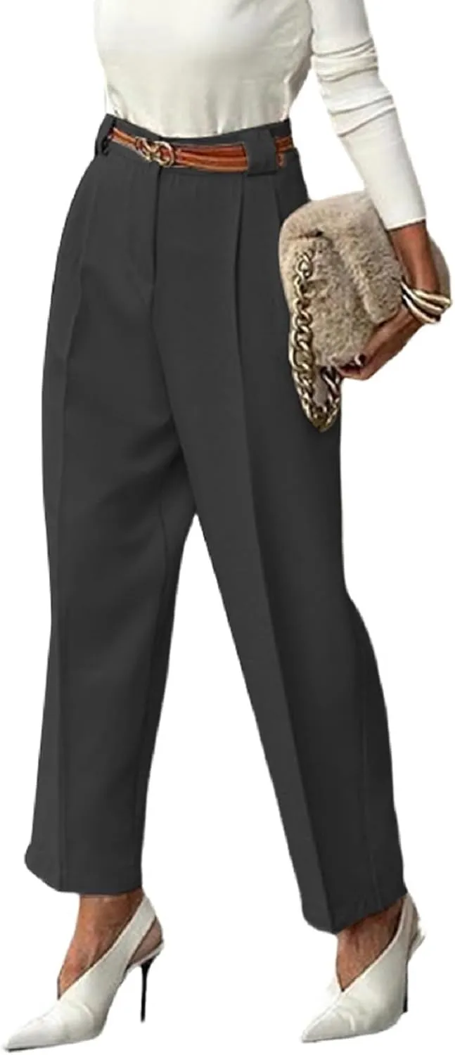 Women's Belted Dress Pants Taper Leg Casual Suit Pants Office Work Business Casual Pants with Pockets