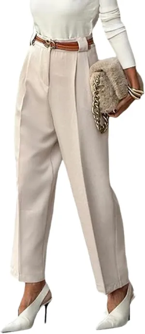 Women's Belted Dress Pants Taper Leg Casual Suit Pants Office Work Business Casual Pants with Pockets