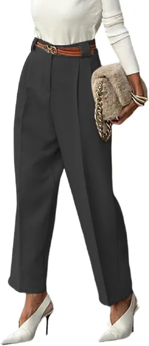 Women's Belted Dress Pants Taper Leg Casual Suit Pants Office Work Business Casual Pants with Pockets