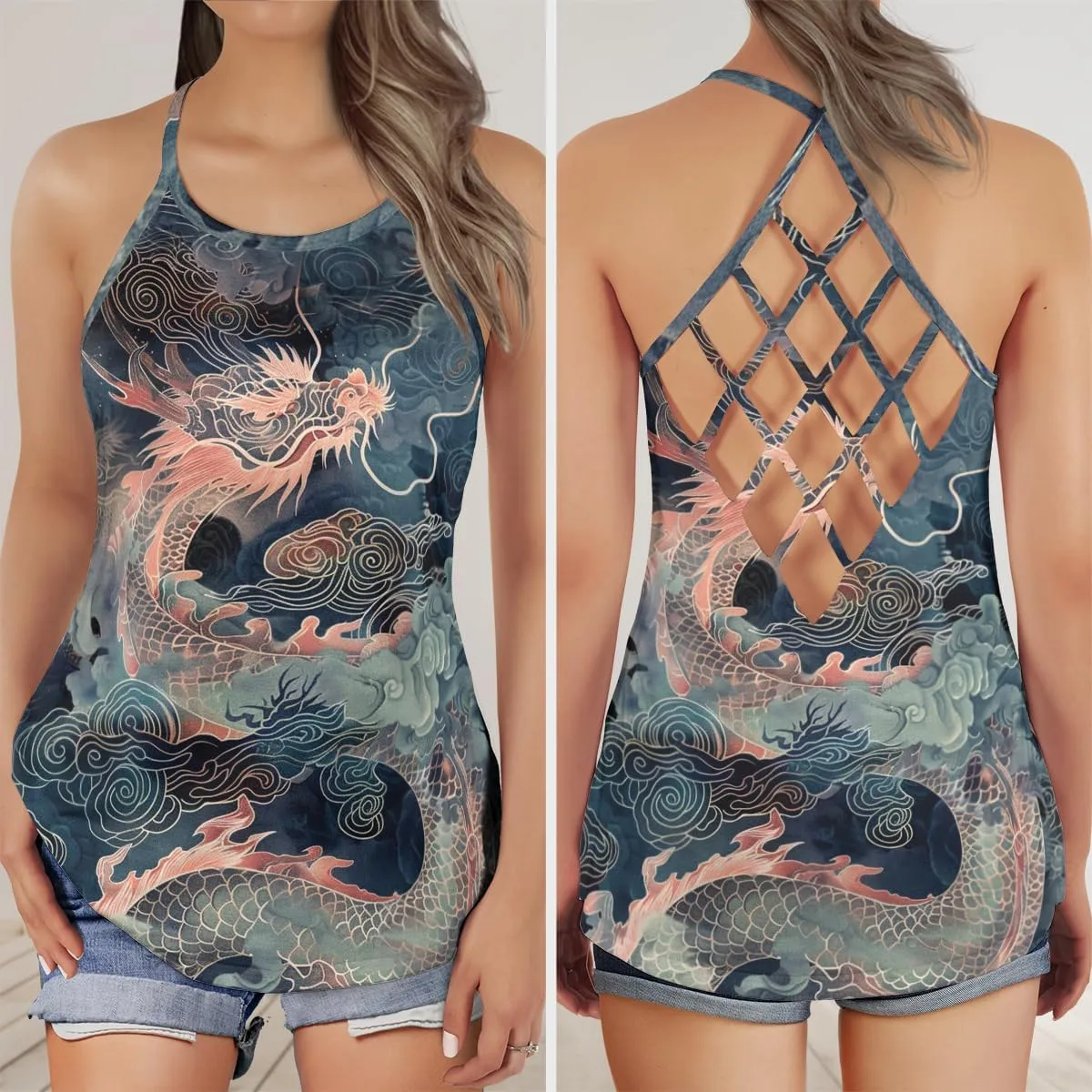 Women's Camisole Tank Tops - Chinese Dragon Spaghetti Strap Criss Cross Open Back Tank Summer Top for Women Series 14