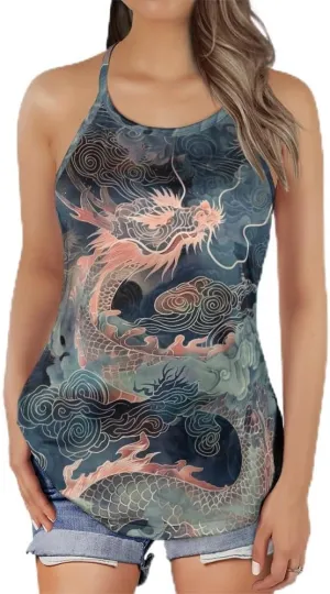 Women's Camisole Tank Tops - Chinese Dragon Spaghetti Strap Criss Cross Open Back Tank Summer Top for Women Series 14