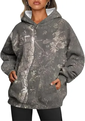Womens Camo Hoodies Maple Leaf Print Oversized Hooded Camo Sweatshirt,Maple Leaf Print Pullover Tops with Pocket